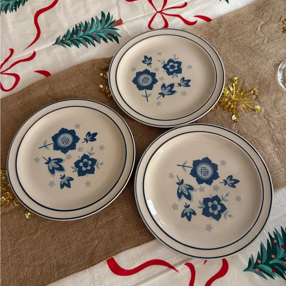 Daekor Designs Tudor Blue Stoneware Salad/Dessert Plates, Cottagecore Set of 3